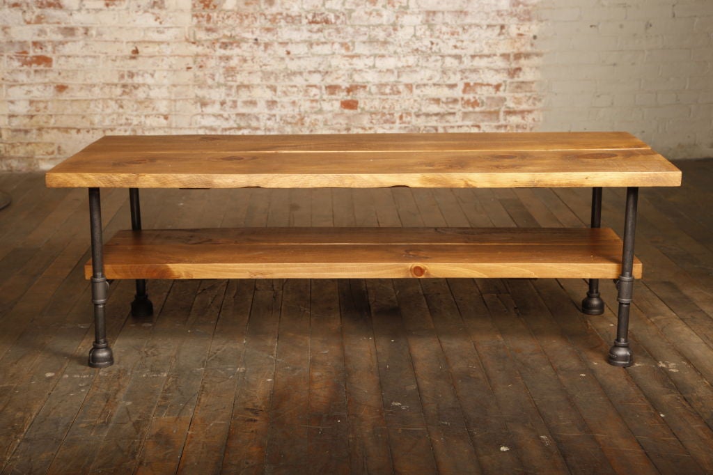 Coffee Table Vintage Industrial Custom Two Tier Wood & Cast Iron, Steel w Shelf In Excellent Condition In Oakville, CT