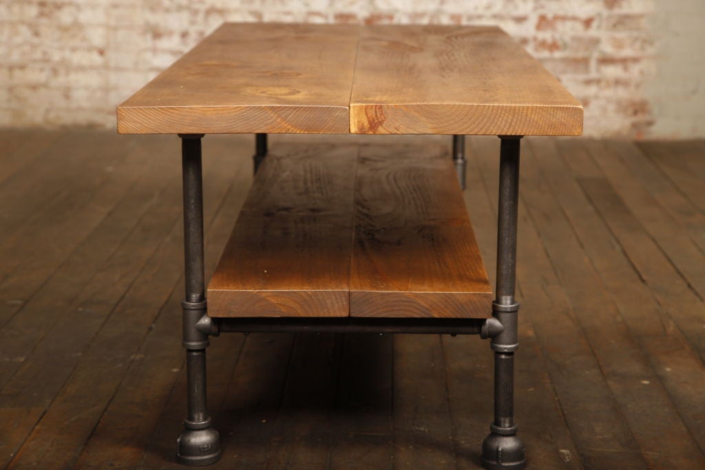 Contemporary Coffee Table Vintage Industrial Custom Two Tier Wood & Cast Iron, Steel w Shelf