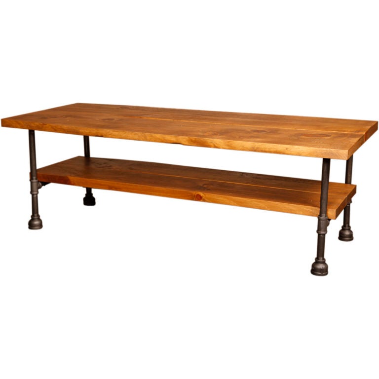 Coffee Table Vintage Industrial Custom Two Tier Wood & Cast Iron, Steel w Shelf