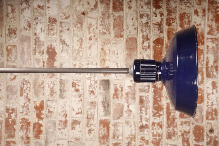 Mid-Century Modern vintage Industrial blue porcelain pendant light, hanging ceiling lamp. Steel pole included in price and cut to your specifications. More available. Free local pickup at our Oakville, Connecticut showroom. Open everyday by