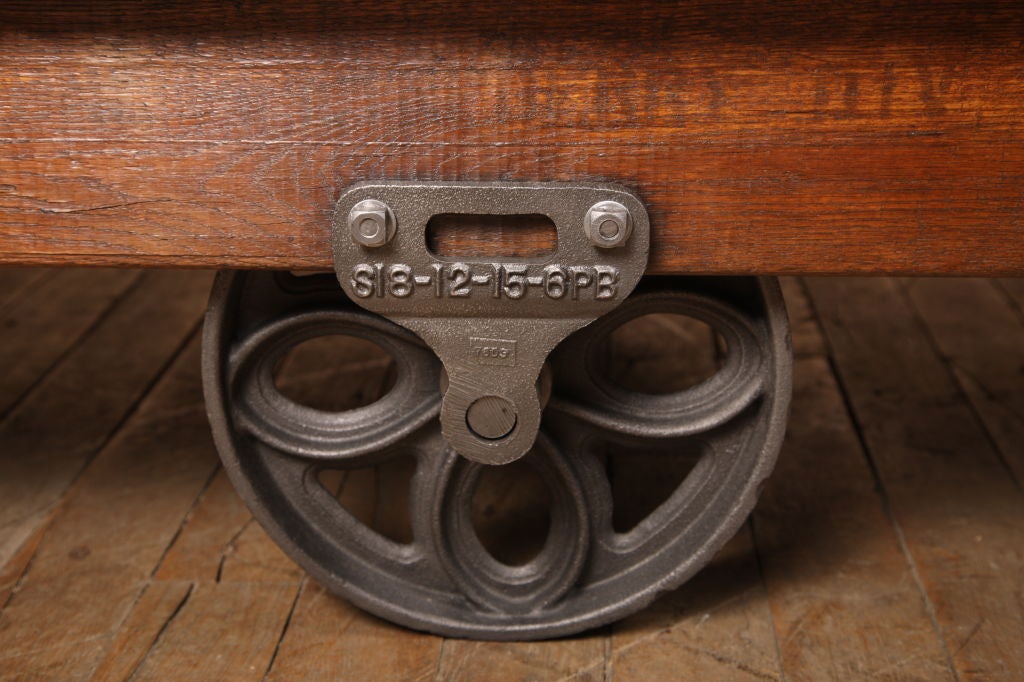 Vintage Industrial Rustic Wood & Cast Iron Factory Coffee Table - Rolling Cart 2