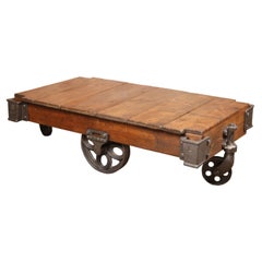 Vintage Industrial Rustic Wood & Cast Iron Factory Coffee Table - Rolling Cart