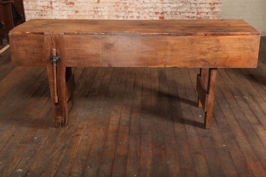 Original American made vintage Industrial table - artist, carpenter work bench with working vise clamp.