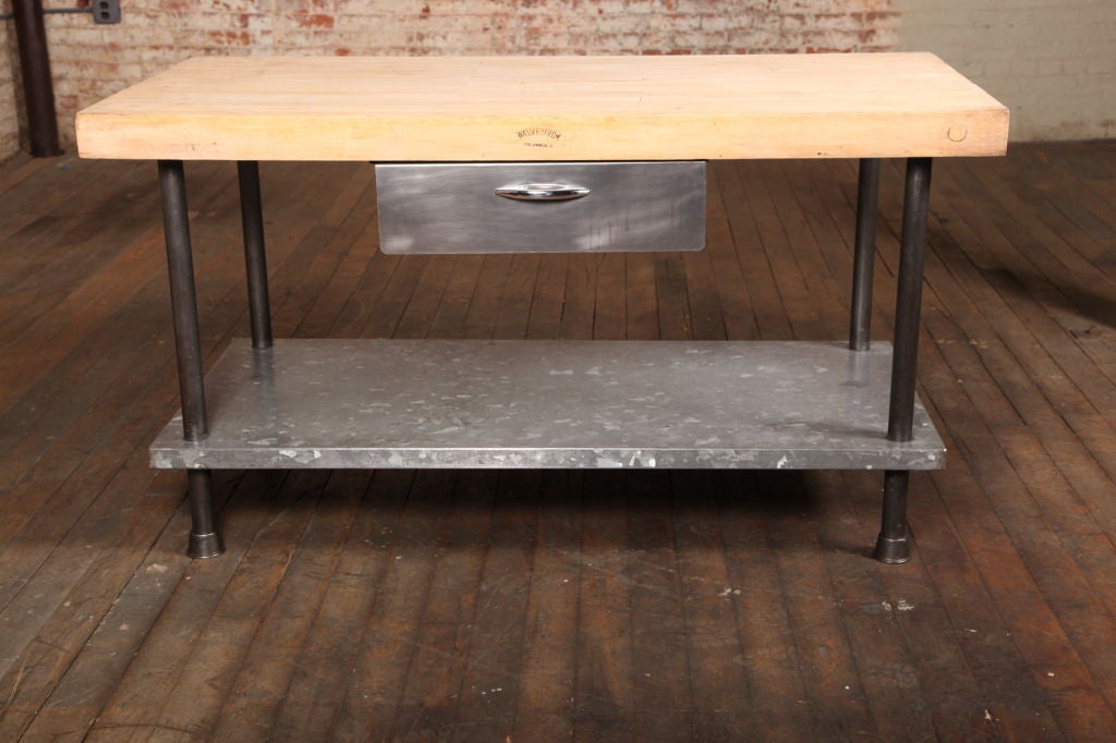5' Original, Vintage Industrial, American Made Butcher Block Table with drawer.  Wood top is 3