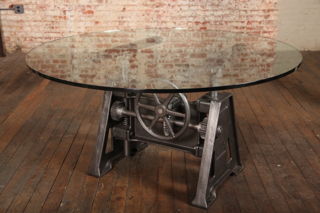 Original, Vintage Industrial, American Made, Adjustable Table Base.  Both rectangle and round glass shown for display purposes only.  (Similar Available)