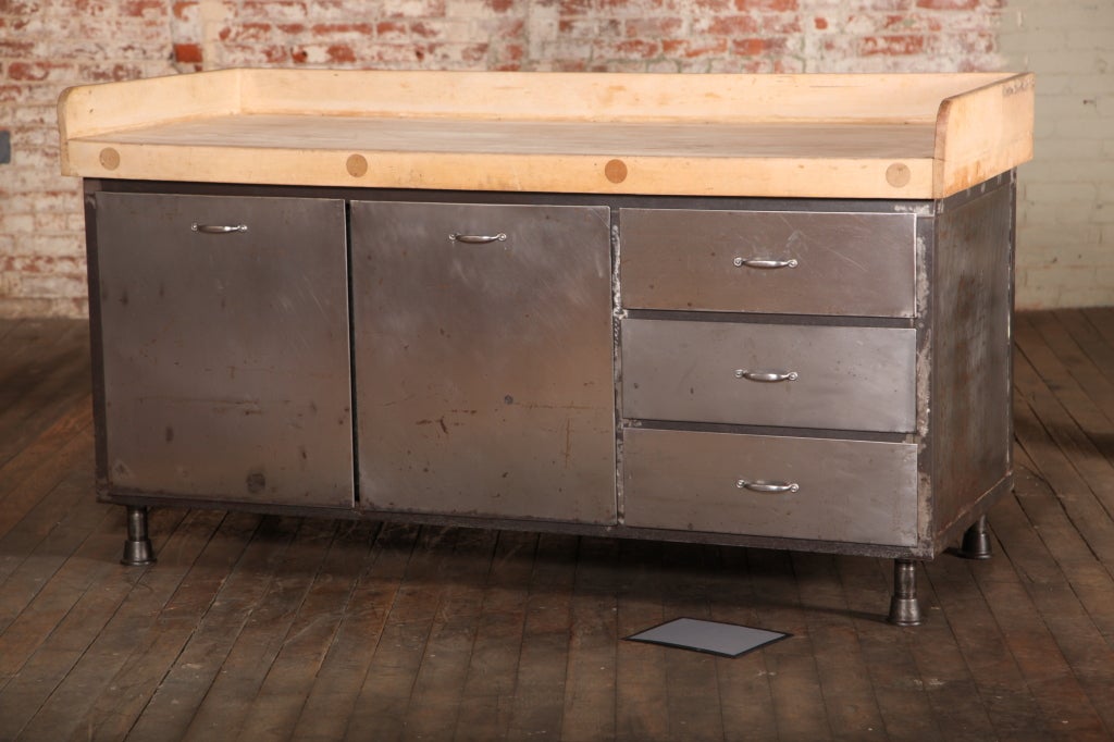 Original, Vintage Industrial, American Made, Culinary Station with Butcher-Block Table, tow tilt out bins and three drawers.