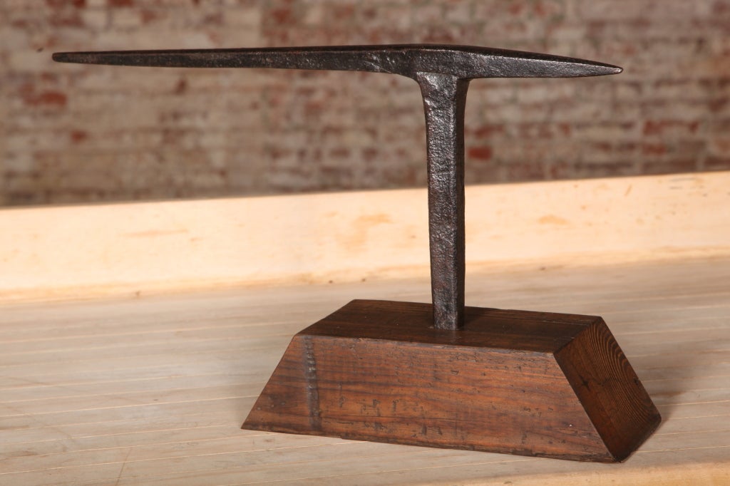 Original, vintage Industrial, American made, large black smith shaping tool, swage, hardy on a wooden base.