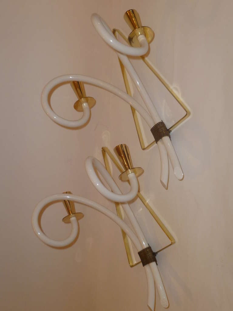 Hollywood Regency Elegant 1940s Sconces Brass and Galalith French Appliques