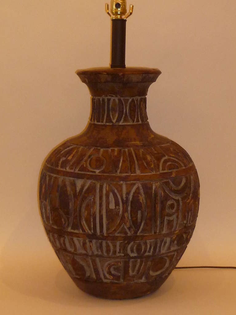 Mid-Century Modern Monumental 50s Exotic Carved Pottery Table Lamp