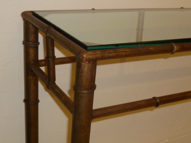 Long Faux Bamboo Metal Console Table Antique Gold In Good Condition In Miami, FL