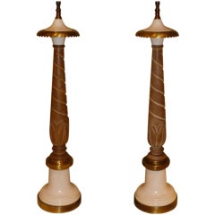 Used Lotus Carved Cerused Wood & Brass Columnar Table Lamps