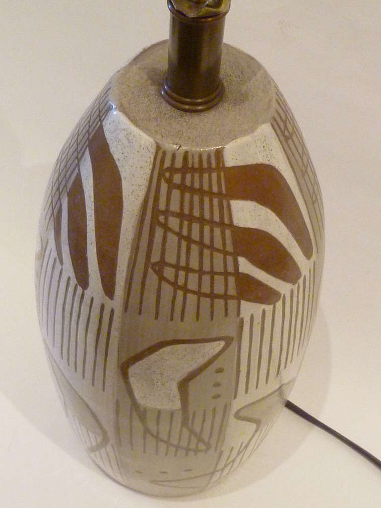 1950s Sgrafitto Pottery Table Lamp Tribal Amoeba Design 1