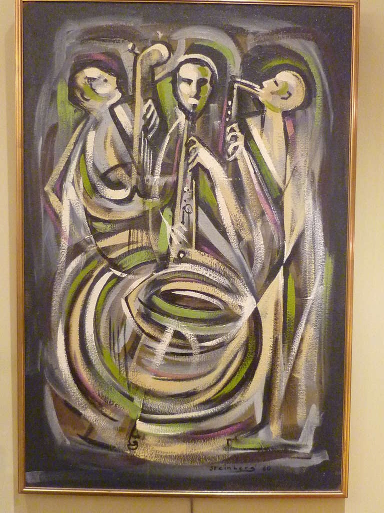 ...SOLD....Quite moving and exciting, this painting by Roy Steinberg of three musicians in a swirl of sound.  Oil on board, it is signed Steinberg 60 and is in its original gilt wood frame.  With the swirl of colors, you feel the movement and can