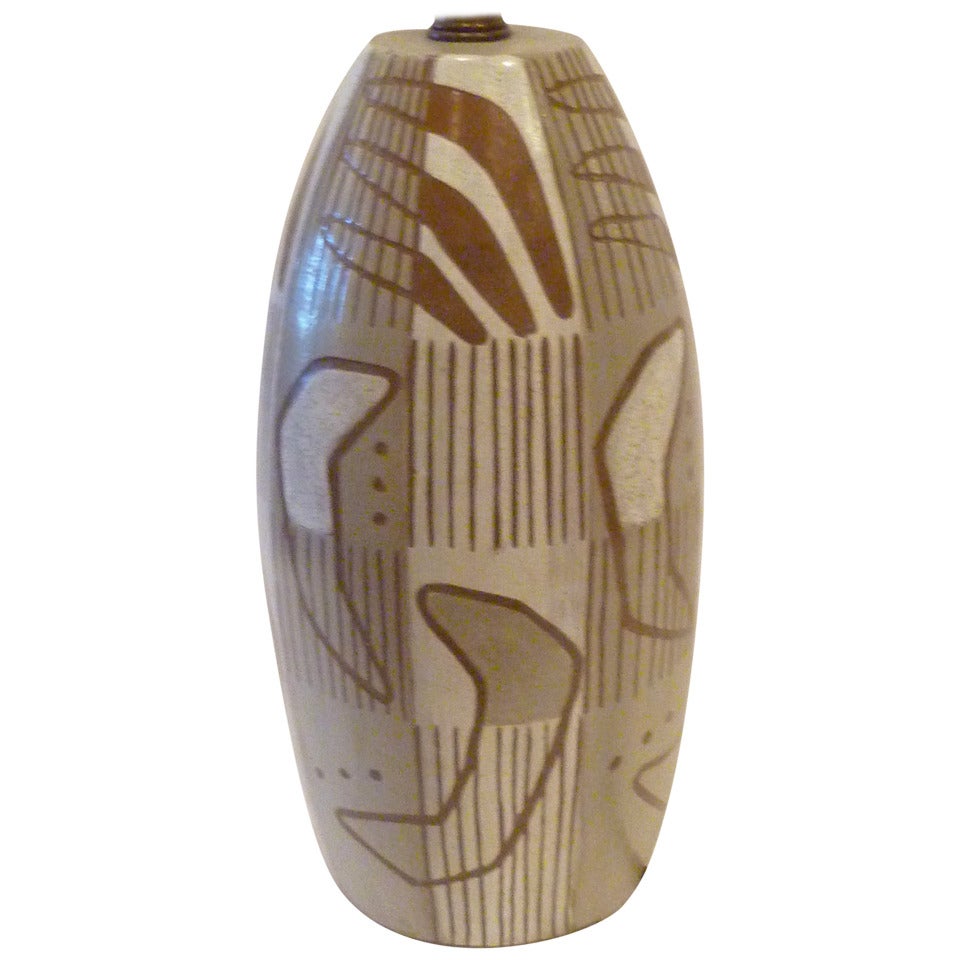 1950s Sgrafitto Pottery Table Lamp Tribal Amoeba Design
