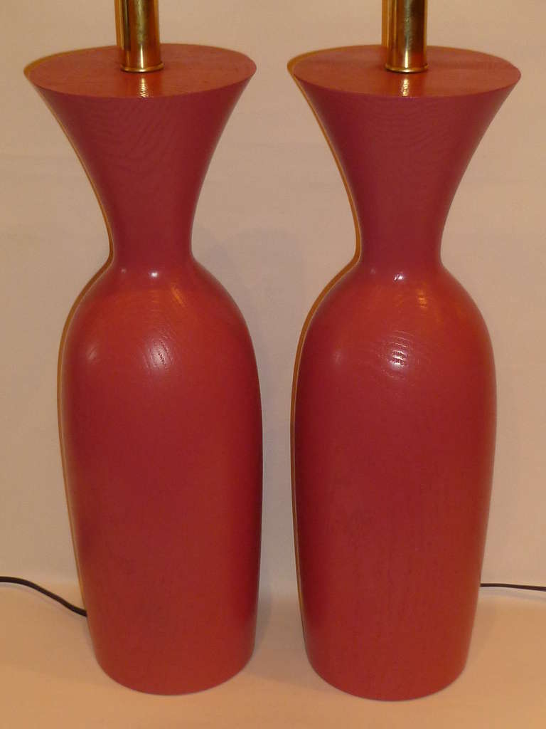 Mid-Century Modern 1970s Coral Painted Oak Urn Form Table Lamps