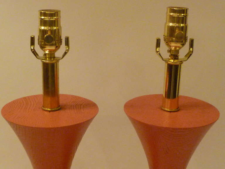 1970s Coral Painted Oak Urn Form Table Lamps 1