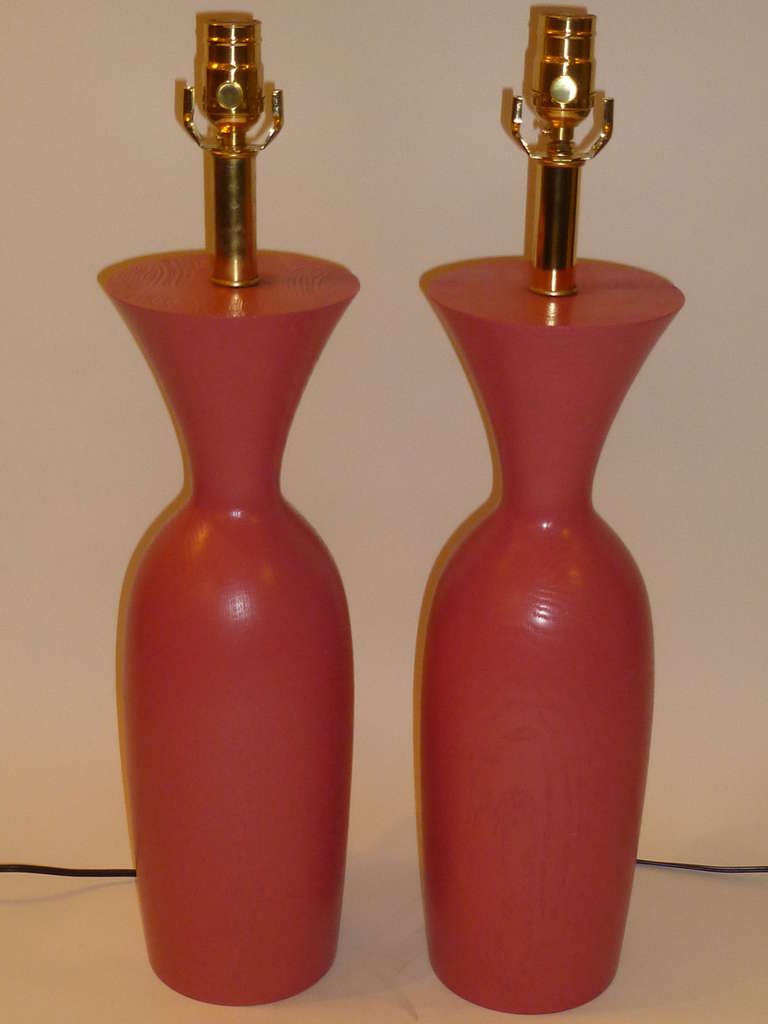 American 1970s Coral Painted Oak Urn Form Table Lamps