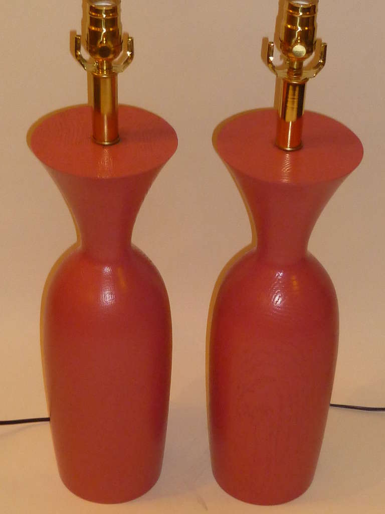 Late 20th Century 1970s Coral Painted Oak Urn Form Table Lamps