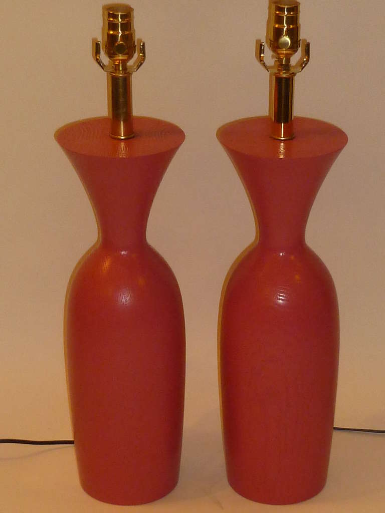 Brass 1970s Coral Painted Oak Urn Form Table Lamps