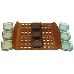 Large 1960s Jens Quistgaard Teak Lattice Tray with Glass Inserts Dansk