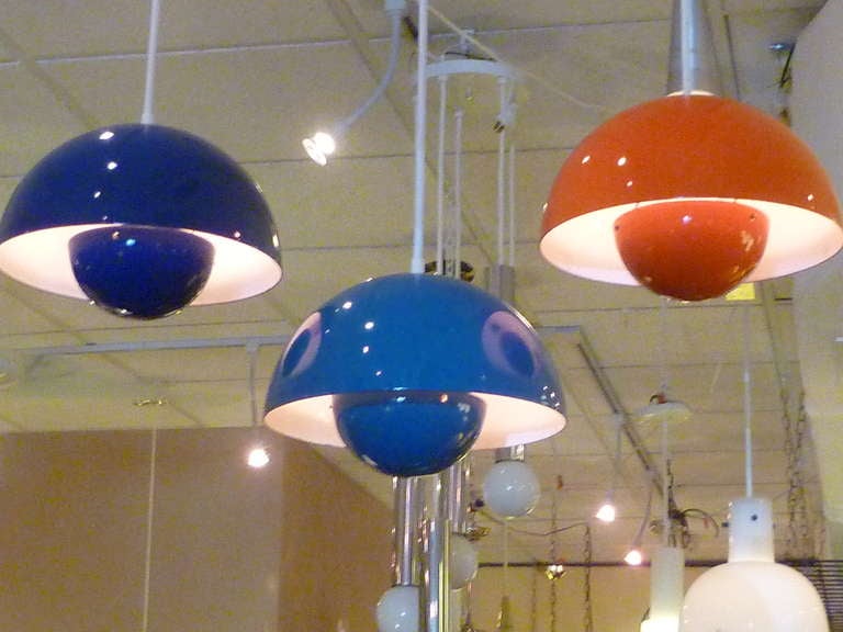 SOLD....Celebrating the late 60's Flower Power, Verner Panton named these enameled pendants Flowerpot and they were produced by Louis Poulsen in Denmark. Their unique shape and design of a larger dome top with an inner up turned dome diffuser set