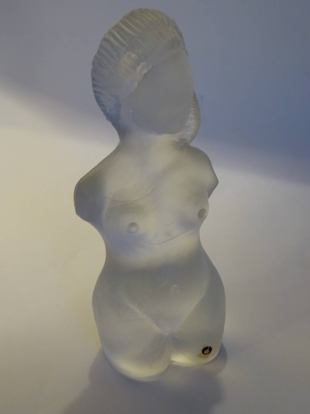 REDUCED FROM $235.
Great frosted glass sculpture of a nude woman by Uno Westerberg for Pukebergs Glasbruk in Nybro, Sweden. Retains Pukeberg label. 

Pukebergs Glasbruk was founded in 1871 and continues producing wares today. Uno Westerberg worked