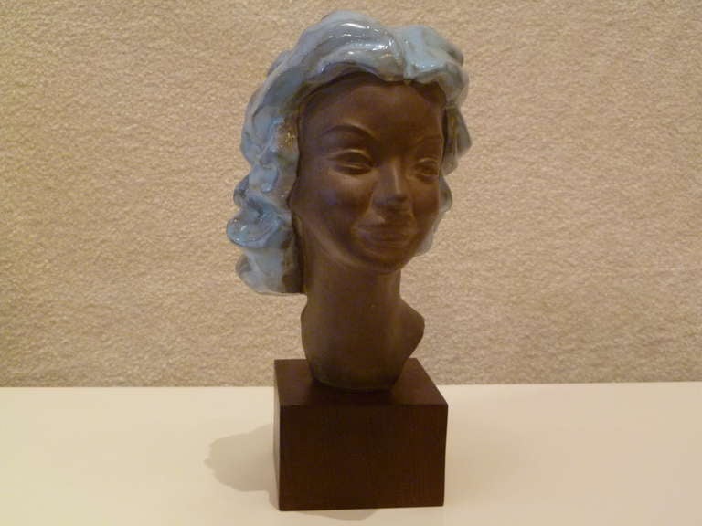 Belgian Paul Sersté Glazed Terra Cotta Bust of a Woman