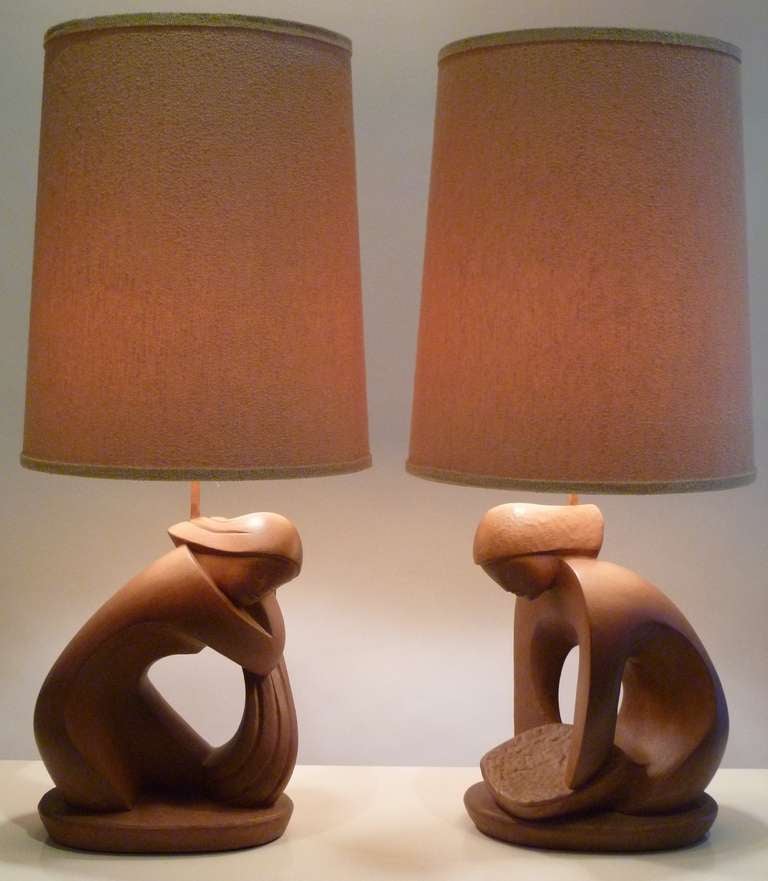 REDUCED FOR SATURDAY SALE from $2150...Rare, important and beautiful sculptural figural table lamps by the noted artist Rima (d. 2001).   Wonderfully modern & fluid plaster sculptures of stylised women, one working with her long hair and the other