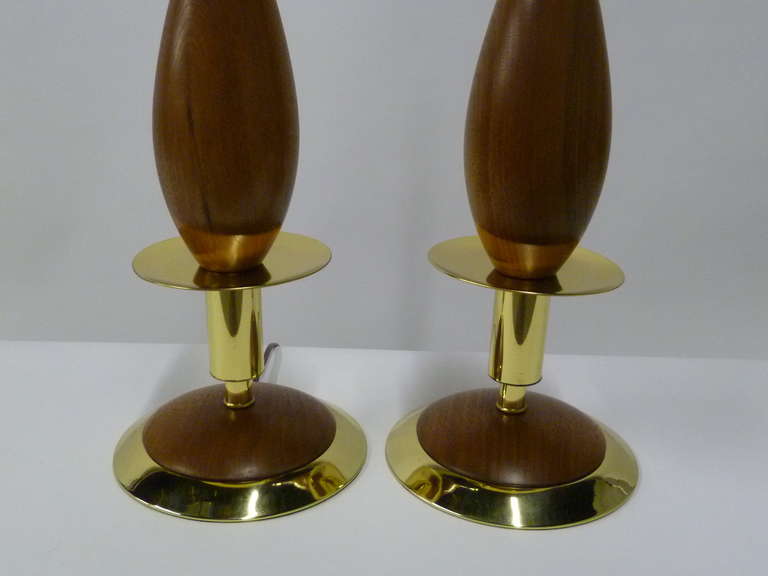 Pair of Fine Walnut and Brass Stylized Candlestick Table Lamps 1