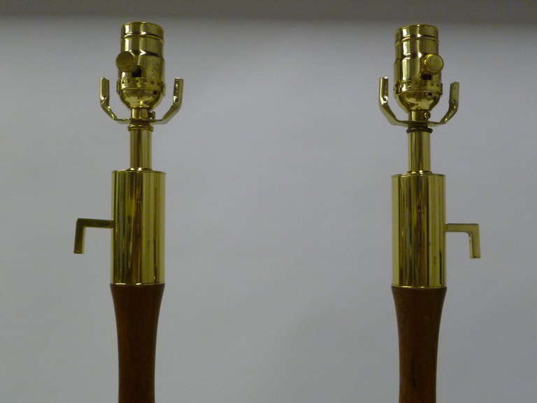 Pair of Fine Walnut and Brass Stylized Candlestick Table Lamps 2