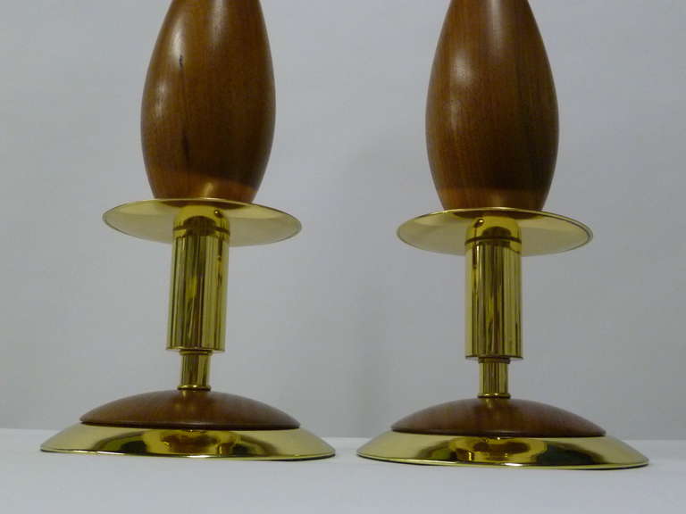 Pair of Fine Walnut and Brass Stylized Candlestick Table Lamps 3