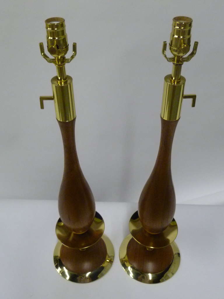 American Pair of Fine Walnut and Brass Stylized Candlestick Table Lamps