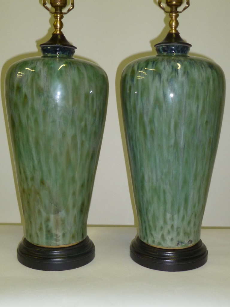 Pair of Blue Green Drip Glaze Chinese Pottery Table Lamps