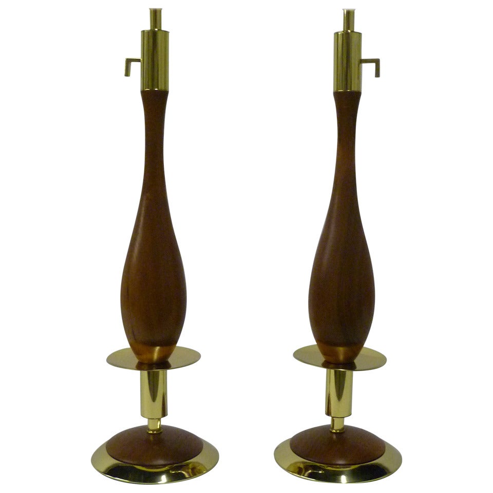 Pair of Fine Walnut and Brass Stylized Candlestick Table Lamps