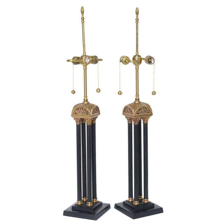 Exquisite Pair of Neoclassical Column Table Lamps For Sale