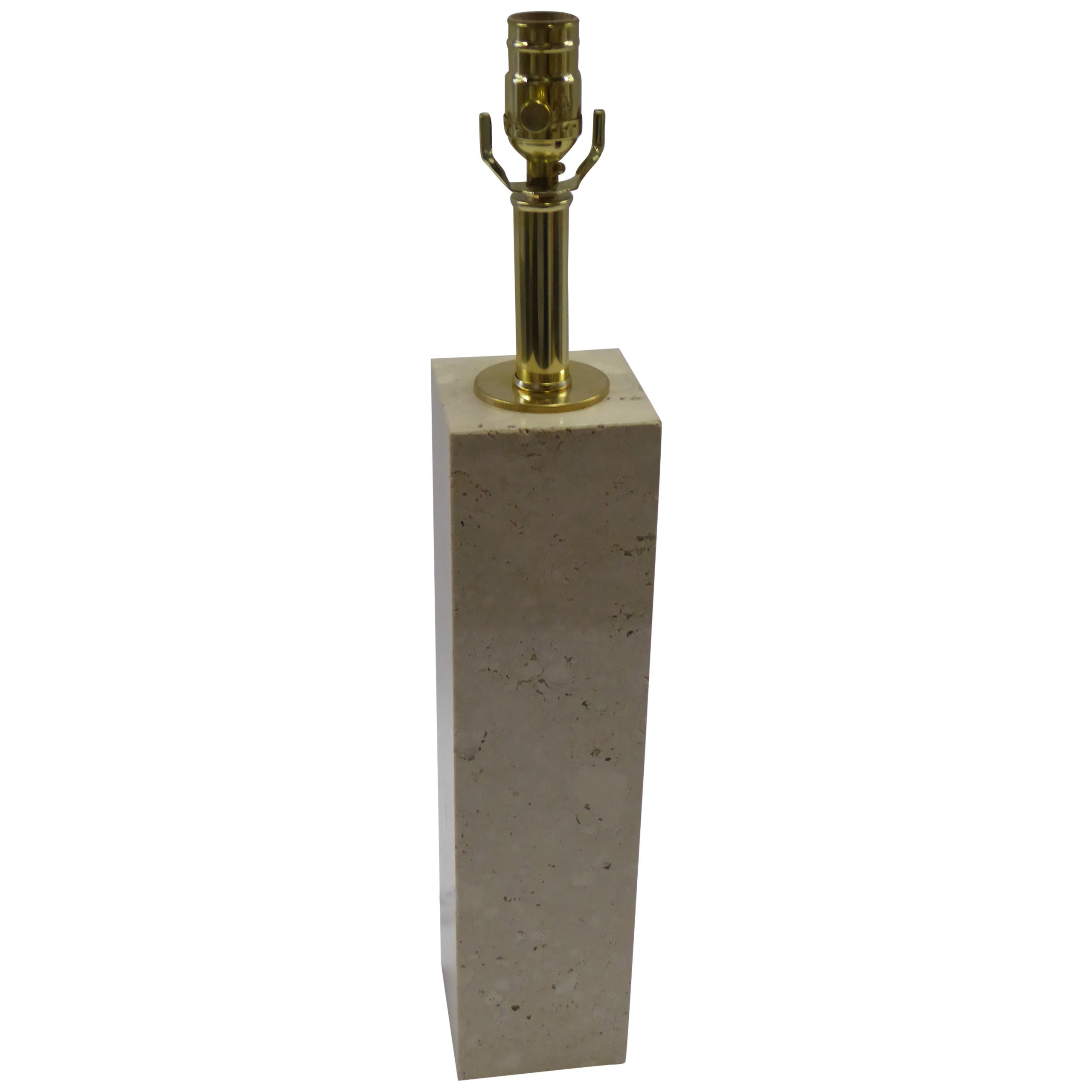 REDUCED FROM $1,200...Architectural and Minimalist in form, this midcentury modern rectangular tower of travertine marble is a modern statement attributed to T.H. Robsjohn-Gibbings. With brass collar and neck, it is quite urbane. The travertine body