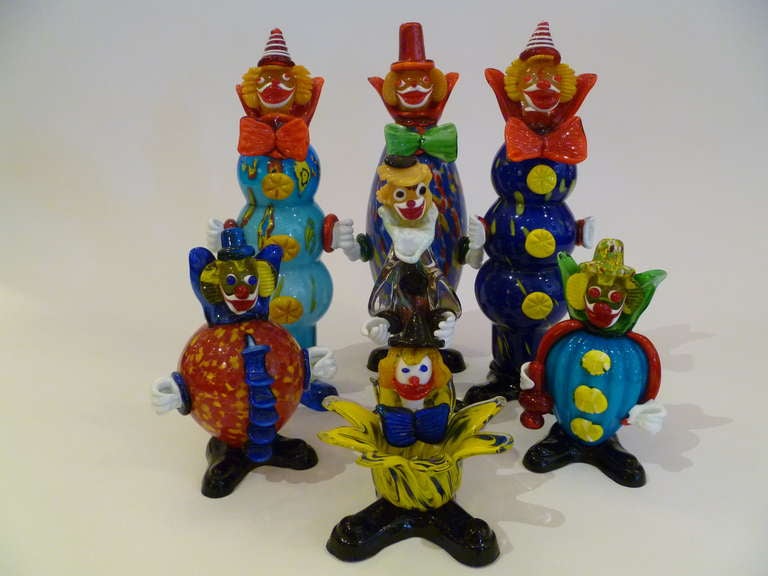 Blown Glass Fun Collection of Seven Murano Glass Clowns