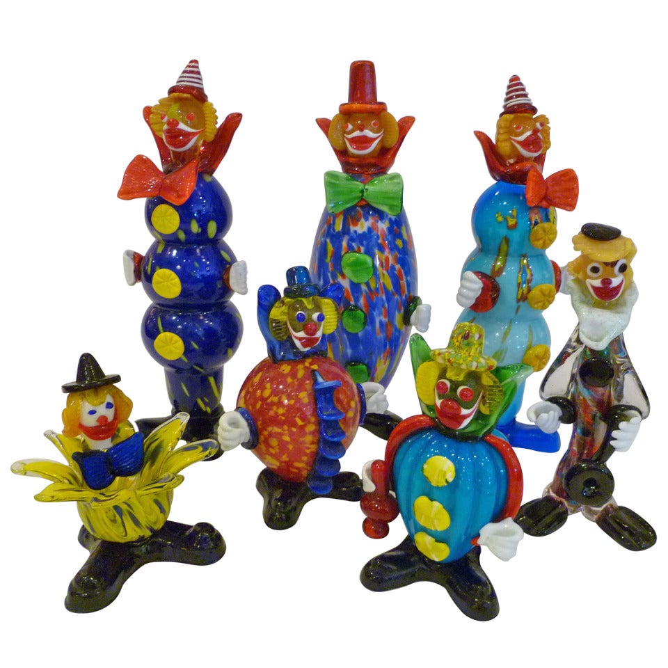 Fun Collection of Seven Murano Glass Clowns