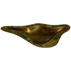 1950s Los Castillo Footed Biomorphic Brass Bowl with Inlaid Stone