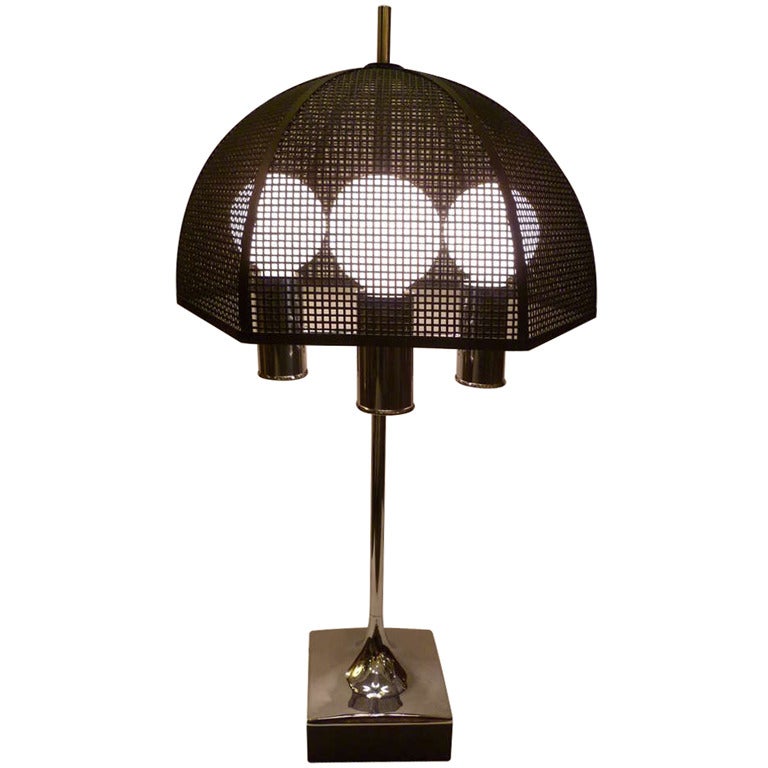 Modernist Laurel Chrome Bouillotte Style Table Lamp Metal Mesh Umbrella Shade