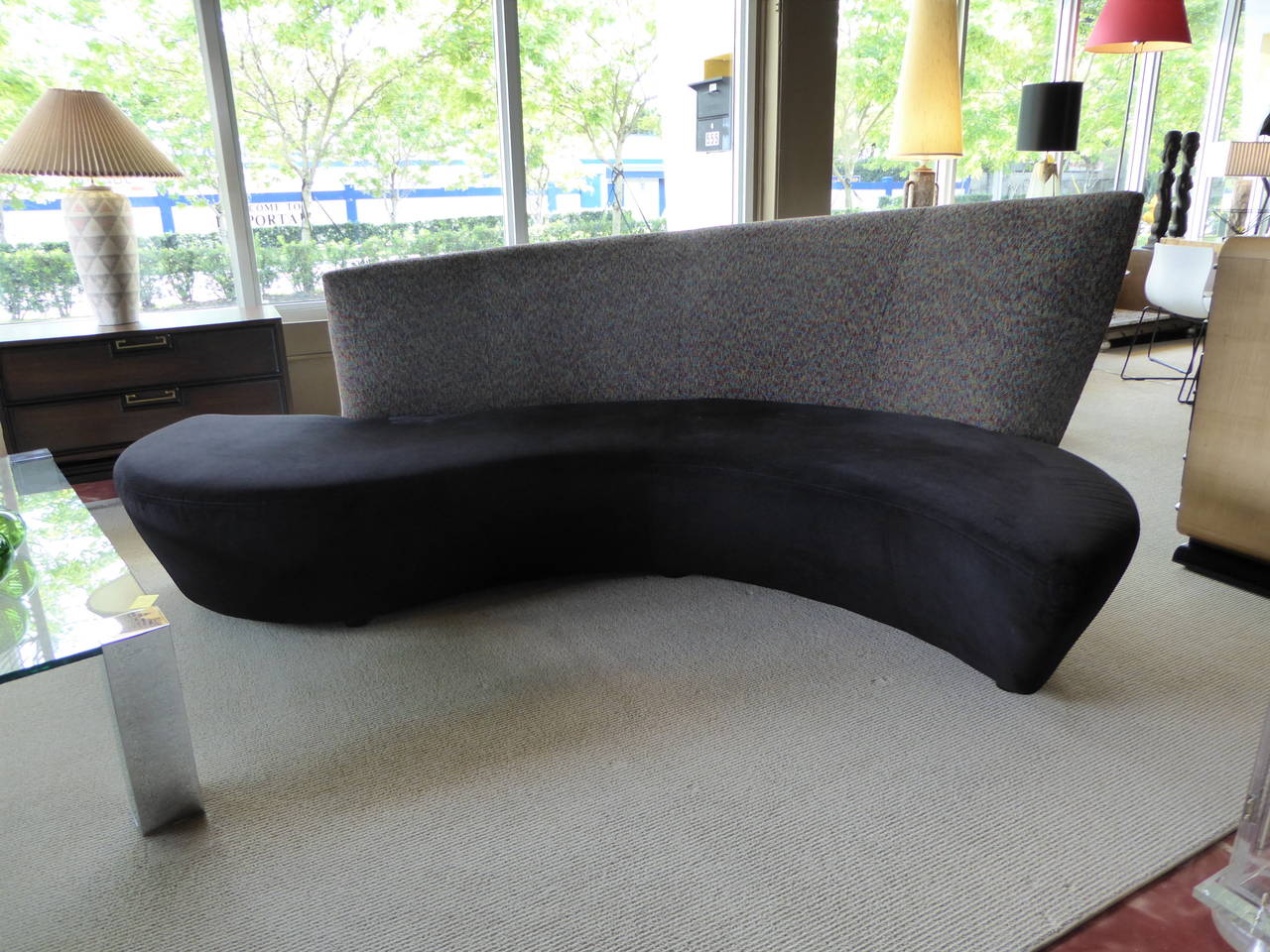 Designed by Vladimir Kagan for Preview, the Bilbao Sofa was inspired by the Frank Gehry designed Guggenheim Museum in Bilbao, Spain.  Here in original black ultra suede seat and multi color chenille micro weave back, excellent condition..  Exciting,