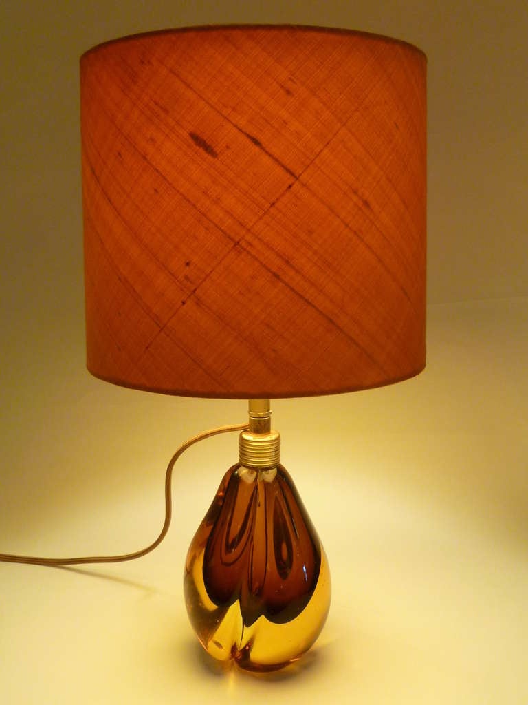...SOLD...From Murano and the glass studio Seguso Dalla Venezia comes this exquisite petit table lamp of blown glass in lobed teardrop sommerso form mounted as a lamp with brass mounts and socket.  Custom silk over paper shade.  Extra long 12 1/2