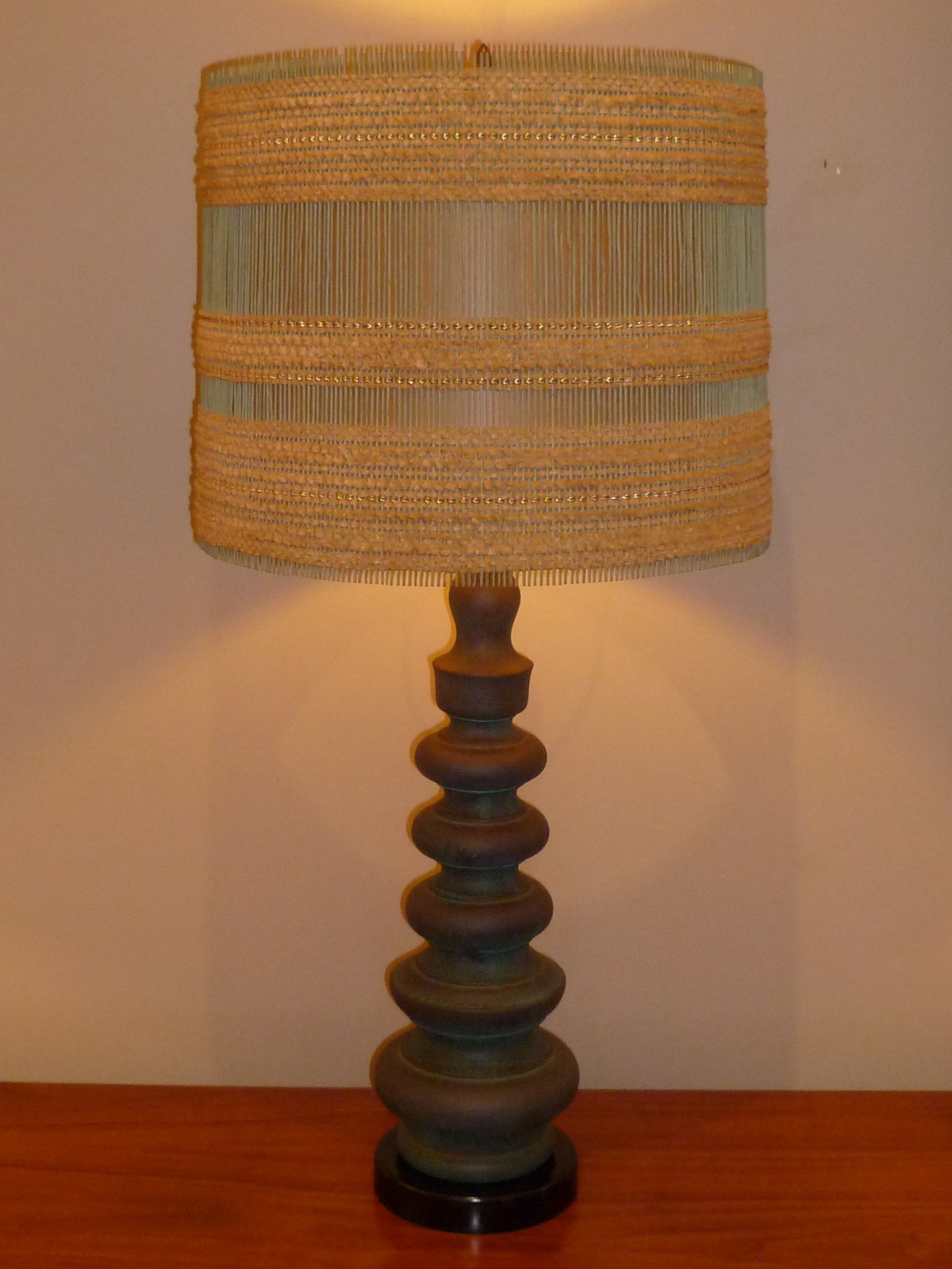 Verdigris Glazed  Pottery Table Lamp Dorothy Liebes Shade