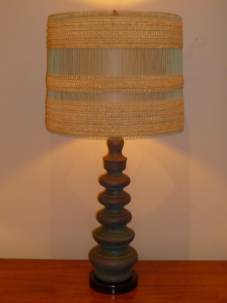 Verdigris Glazed  Pottery Table Lamp Dorothy Liebes Shade In Good Condition In Miami, FL