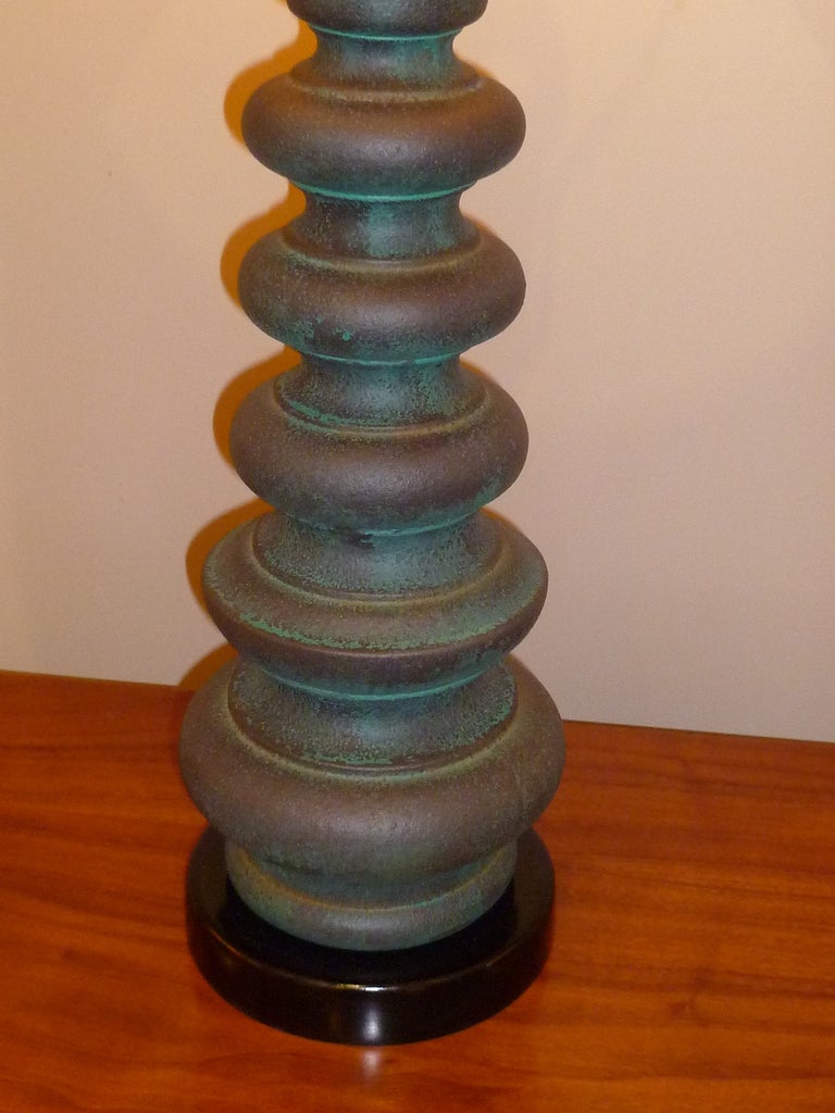 Verdigris Glazed  Pottery Table Lamp Dorothy Liebes Shade 1