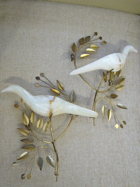 Modern Rare Curtis Jeré Onyx Doves in Olive Branches Wall Sculptures