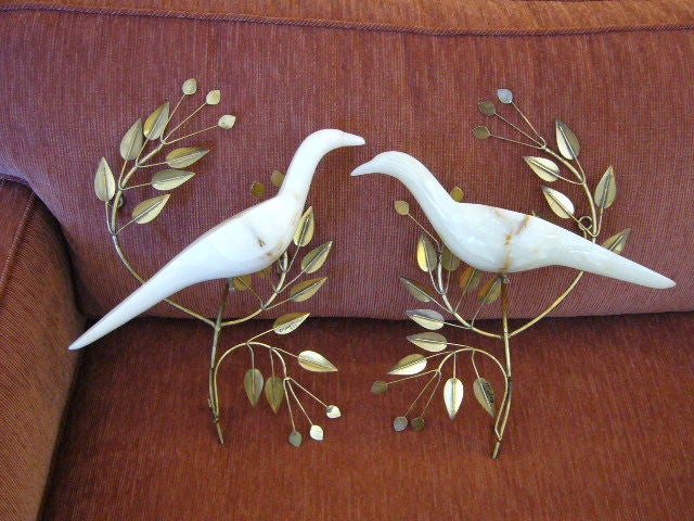 American Rare Curtis Jeré Onyx Doves in Olive Branches Wall Sculptures