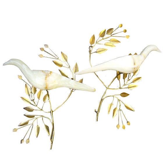 Rare Curtis Jeré Onyx Doves in Olive Branches Wall Sculptures