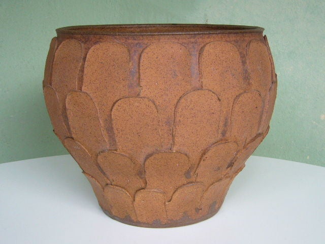 SOLD  Great David Cressey stoneware pot of artichoke/bulb form with thick overlapping leaves or thumbprints. Intriguing!! Excellent condition.  Jardinere, planter...for Architectural Pottery, the Pro/Artisan series.

For trade net price,