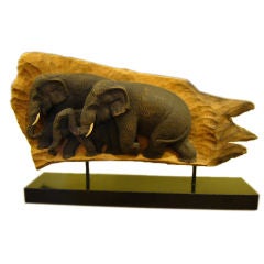 Fine Elephant Family High Relief Carved Sculpture